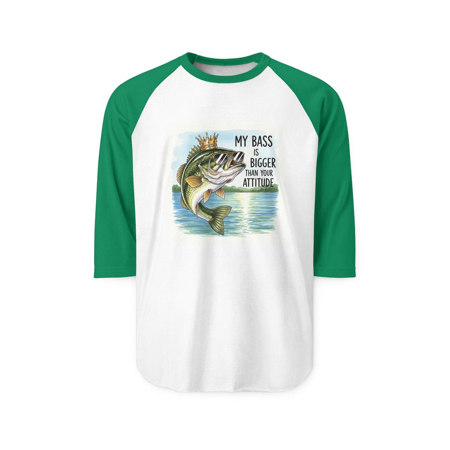 Green and white raglan baseball shirt with a bass graphic and text on a white background