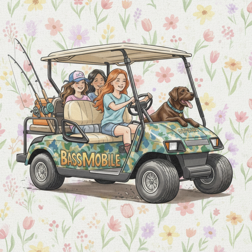 Illustration of a 'Bassmobile' golf cart with people and a dog on a floral background
