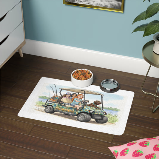Doormat with a design of a golf cart and people on a wooden floor.