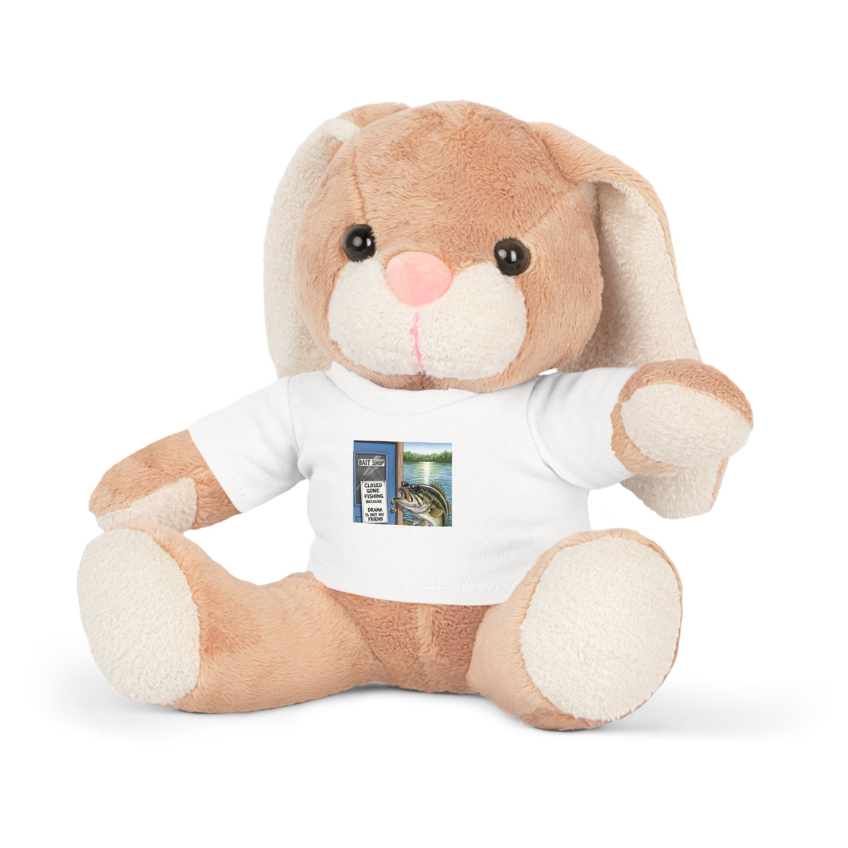 Plush bunny toy wearing a white t-shirt with a graphic design on a white background