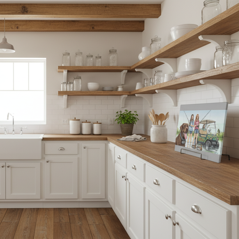Modern kitchen with wooden shelves and counter tops, featuring a glass cutting board on the counter.