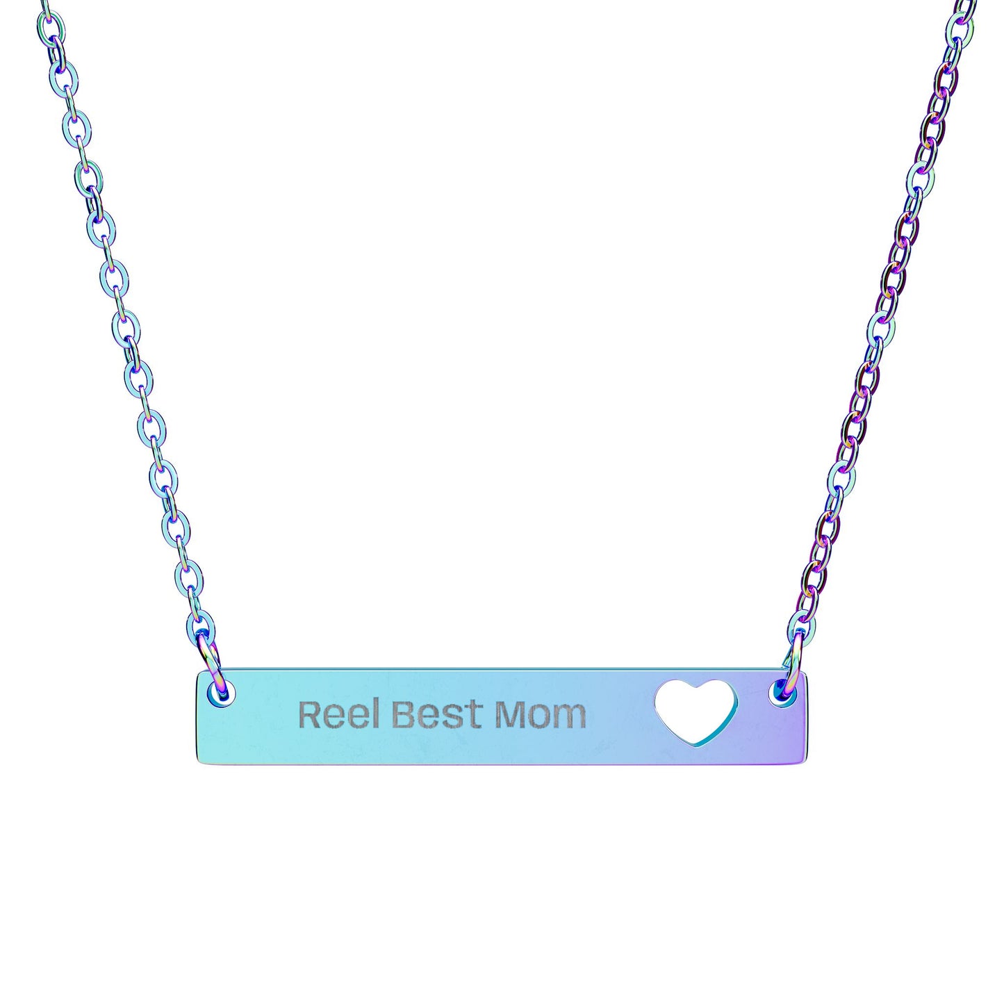 Necklace with 'Reel Best Mom' engraving on a gradient blue and purple bar pendant.