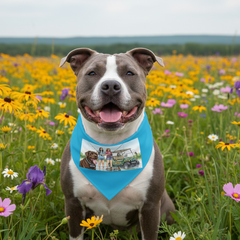 A pit bull with a blue bandana on