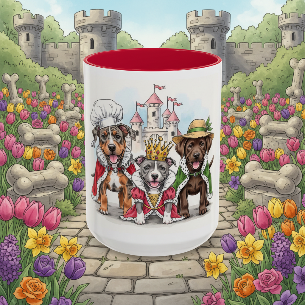 Tumbler with dogs in costumes against a castle and garden background