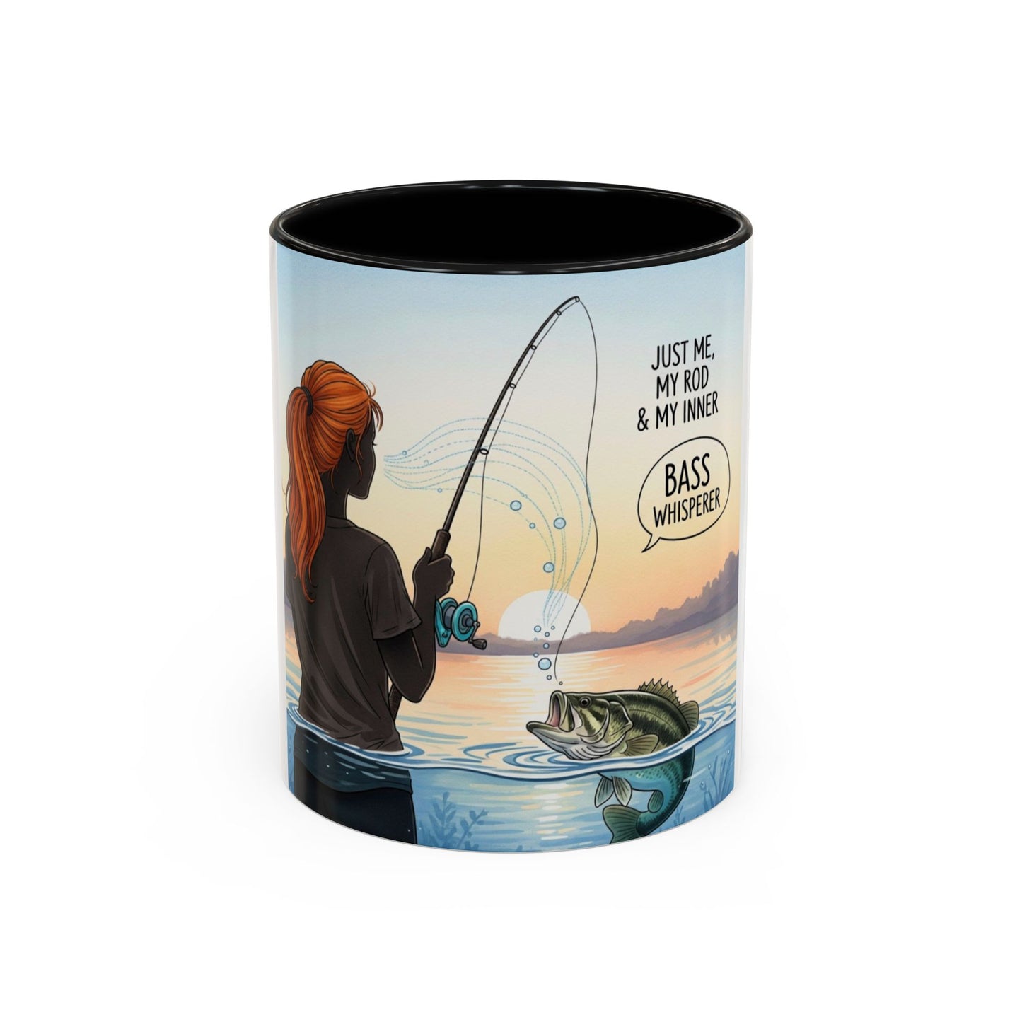 Ceramic mug with a fishing-themed design featuring a person, rod, and fish, on a white background.