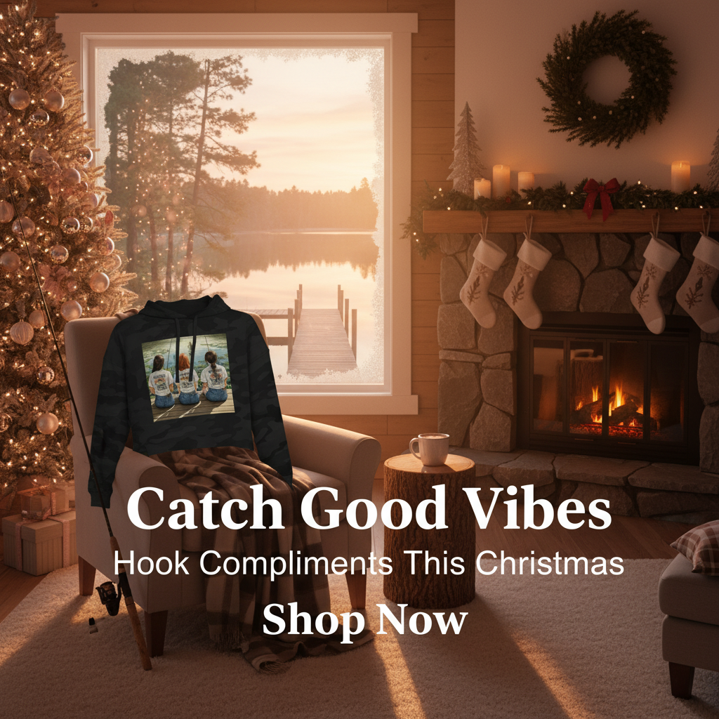 Cozy living room with Christmas decorations, including a tree and stockings, with text overlay promoting holiday shopping.