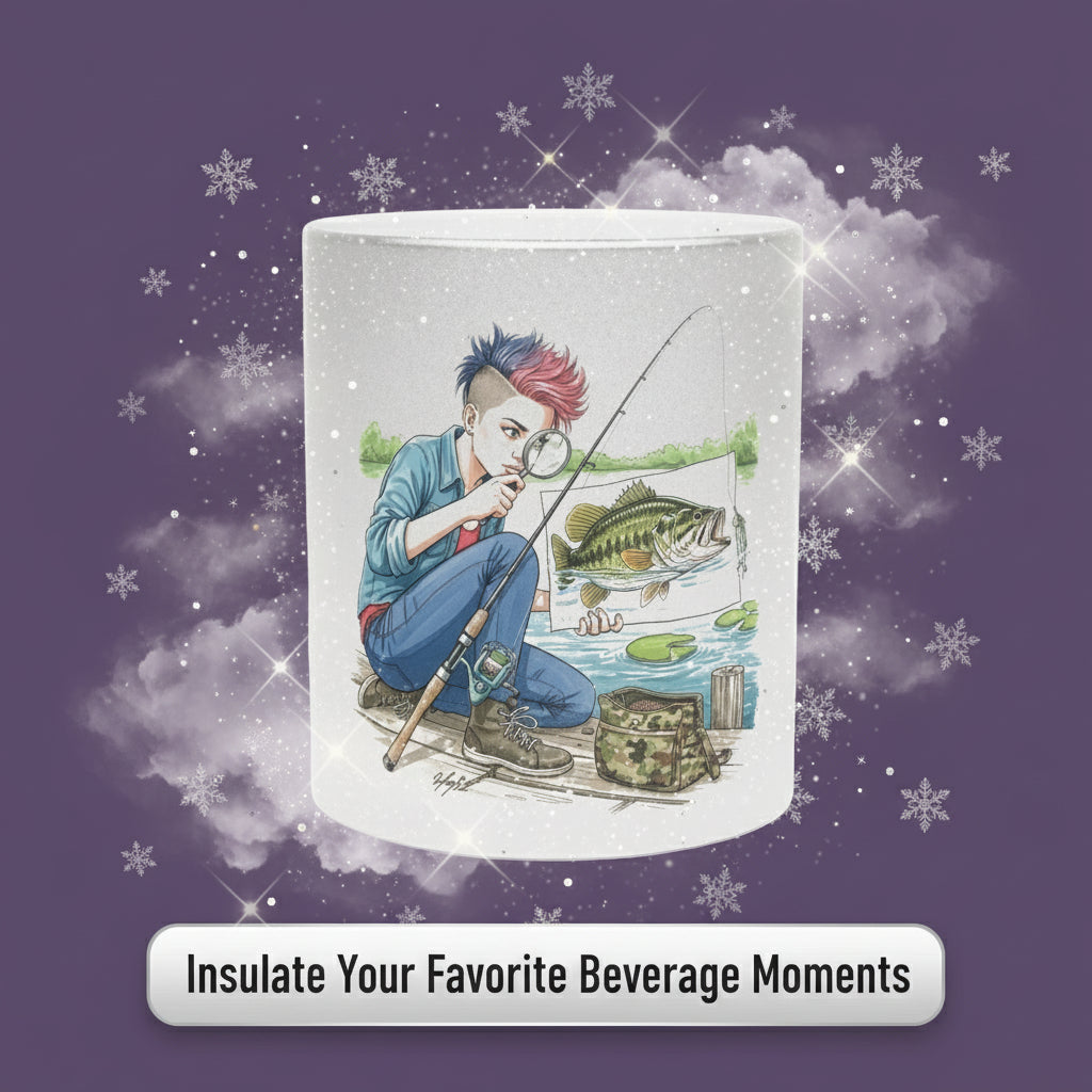 Illustration of a person studiyng fishing with a magnifying glass, surrounded by snowflakes on a purple background with text 'Insulate Your Favorite Beverage Moments'.