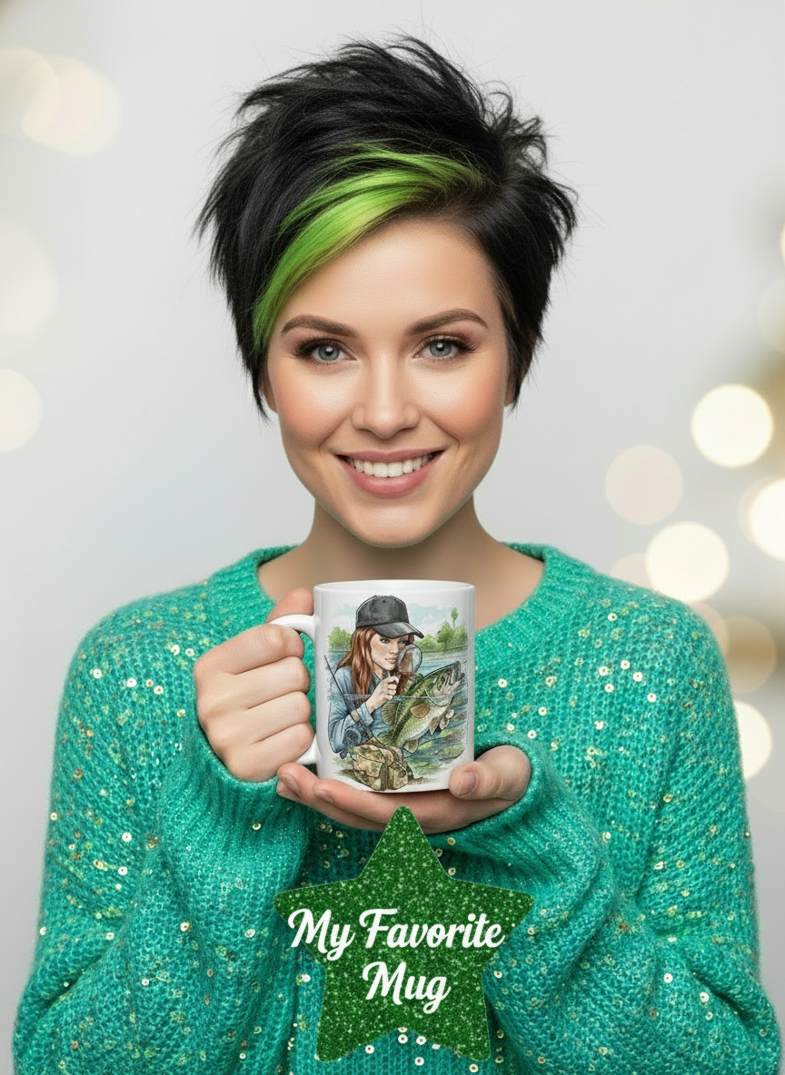 Woman holding a mug with a design of another person fishing, wearing a green sweater.