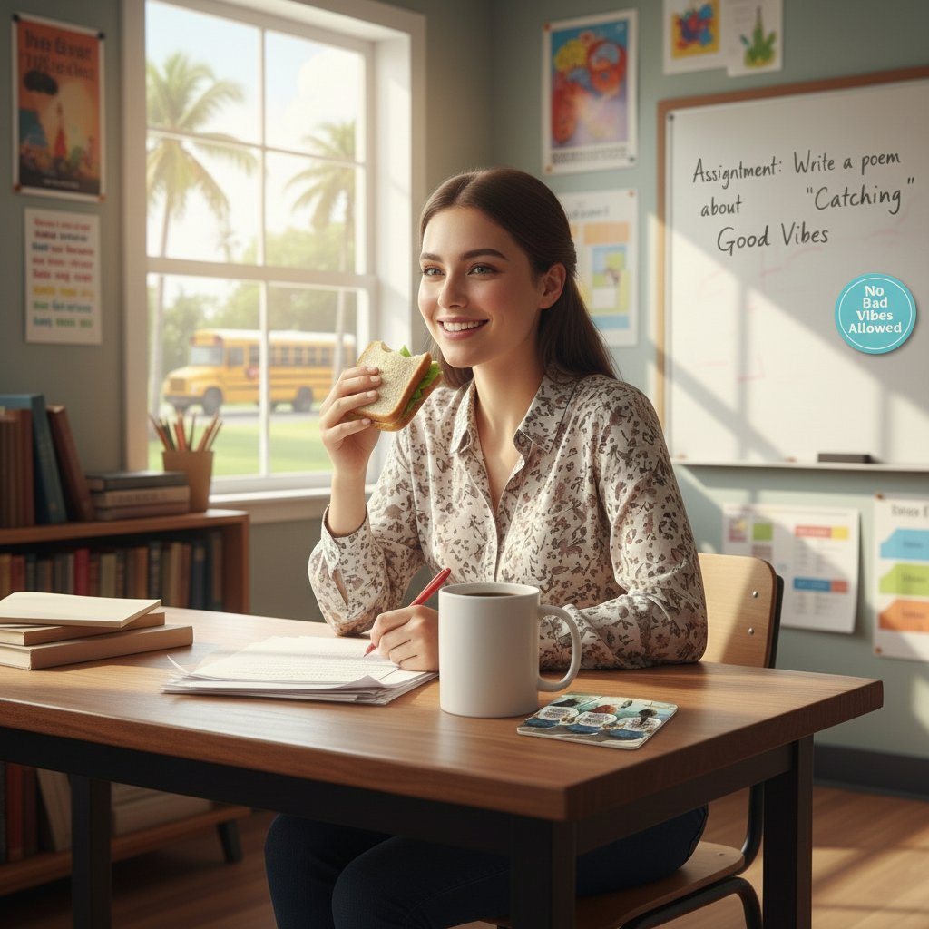 Woman sitting at a desk in a classroom eating a sandwich and drinking from a mug with her favorite fishing themed coaster.