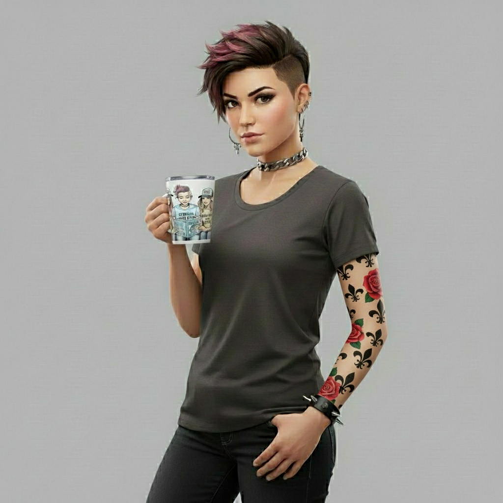 Person holding a mug with tattoos on arms against a gray background