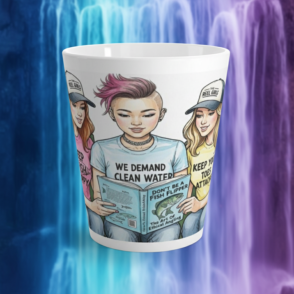 Mug with illustrated design of three people holding books against a colorful background