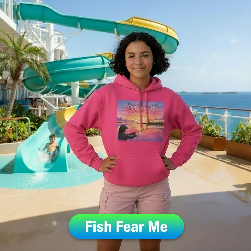 Person wearing a pink hoodie with a graphic design of "Fish Fear Me" image in front of a water slide and pool area.