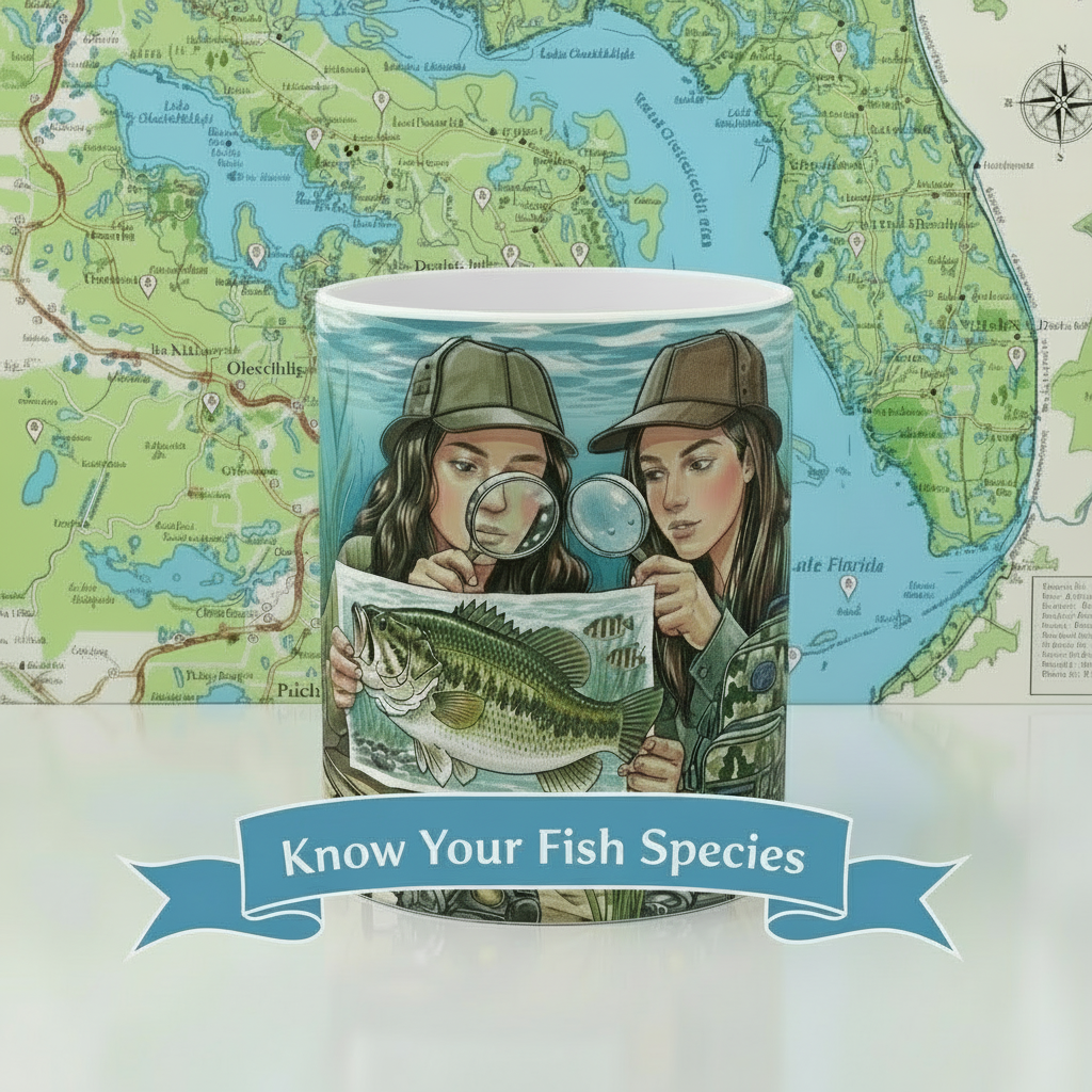 Mug with illustration of two people examining a fish, placed on a map background with 'Know Your Fish Species' text.