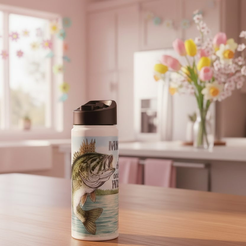 Tumbler with fish design on a table in a bright room with flowers and decor.