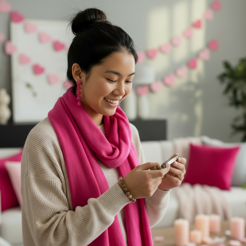 Woman wearing a pink scarf and earrings, holding a phone in a decorated room with heart decorations.