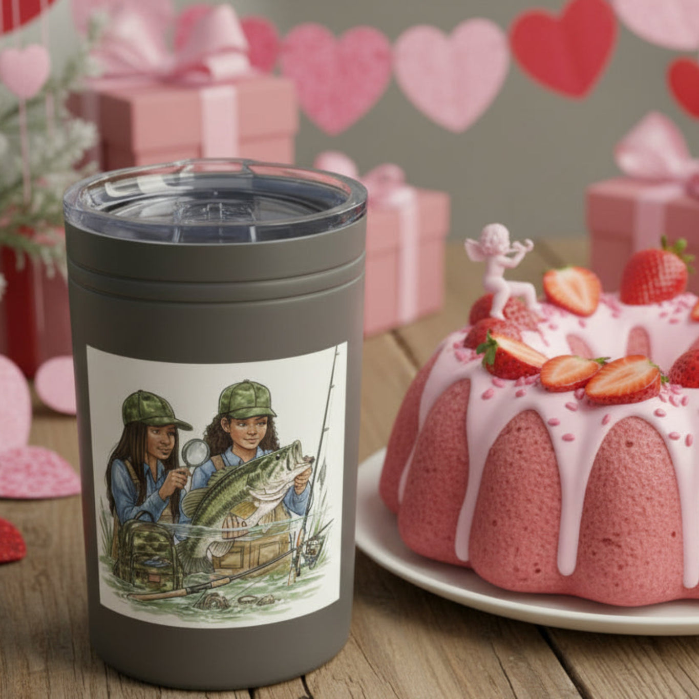 Tumbler with fishing design next to a strawberry cake on a festive background