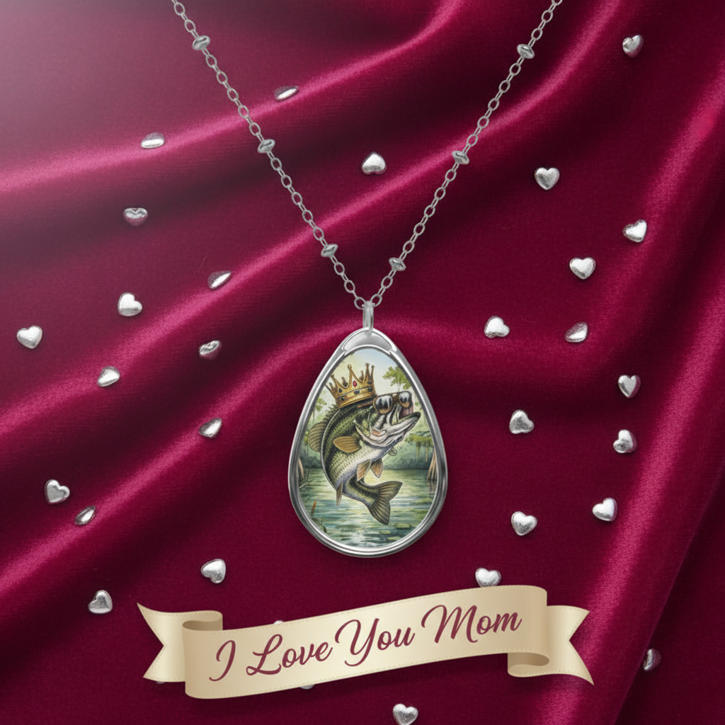 Necklace with a fish pendant and 'I Love You Mom' banner on a red satin background with heart-shaped decorations.