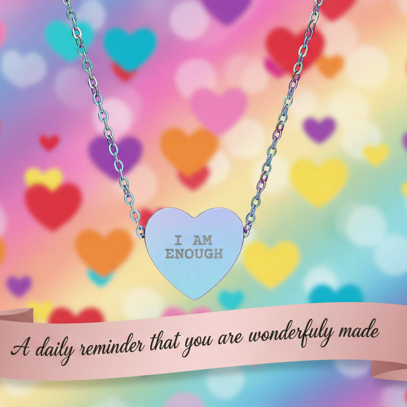 Necklace with a heart-shaped pendant on a colorful heart-patterned background