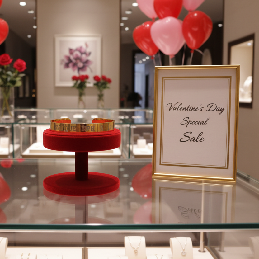 Jewelry display with 'Valentine's Day Special Sale' sign in a store setting. Featuring a gold cuff bracelet.