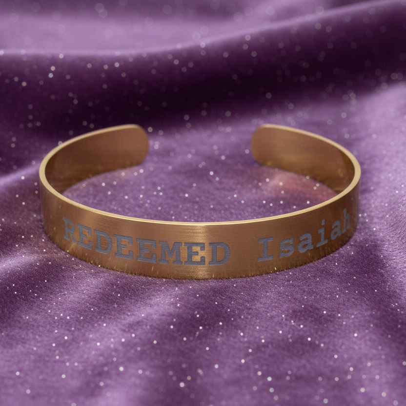 Gold bracelet with 'REDEEMED Isaiah' engraving on a purple fabric background