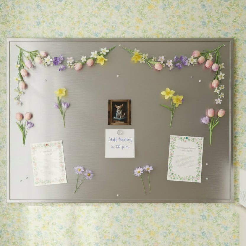 Metal bulletin board in an office with Pip magnet and spring vibe.