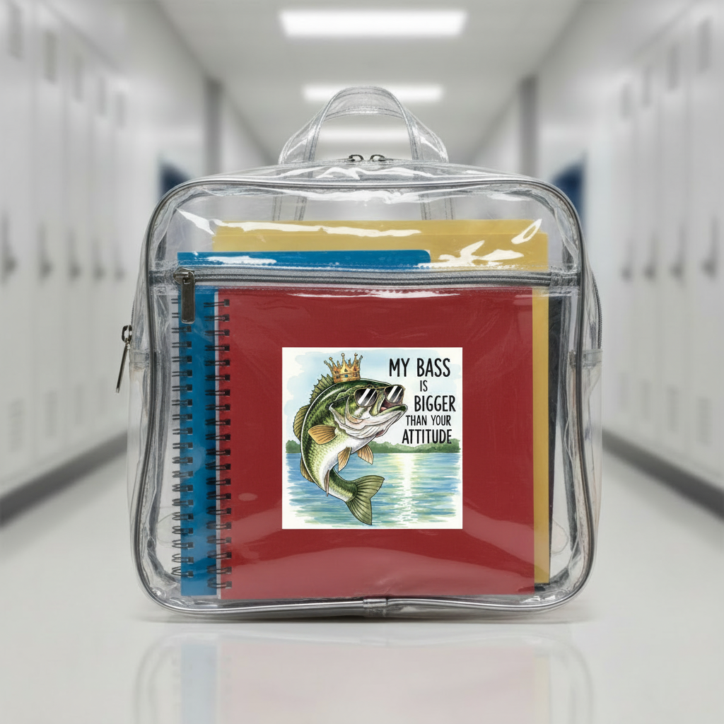 Decal on a clear backpack with notebooks and a fishing-themed cover in a school hallway.