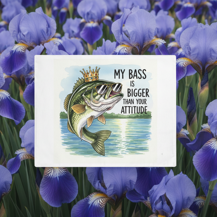 Dining placemat with a bass illustration and text 'My bass is bigger than your attitude' on a background of purple flowers.