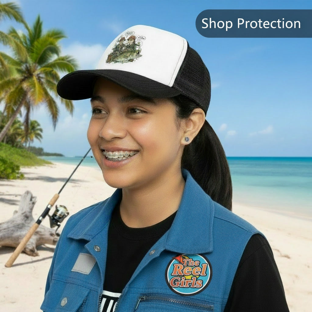 Person wearing a cap with a design on a white background