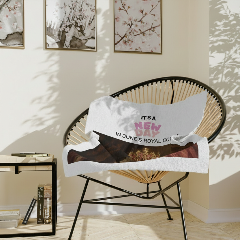 White blanket with text draped over a black wicker chair in a room with light-colored walls and a plant.