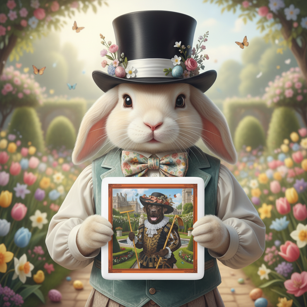 Easter bunny holding a refrigerator magnet with a cat in a garden setting