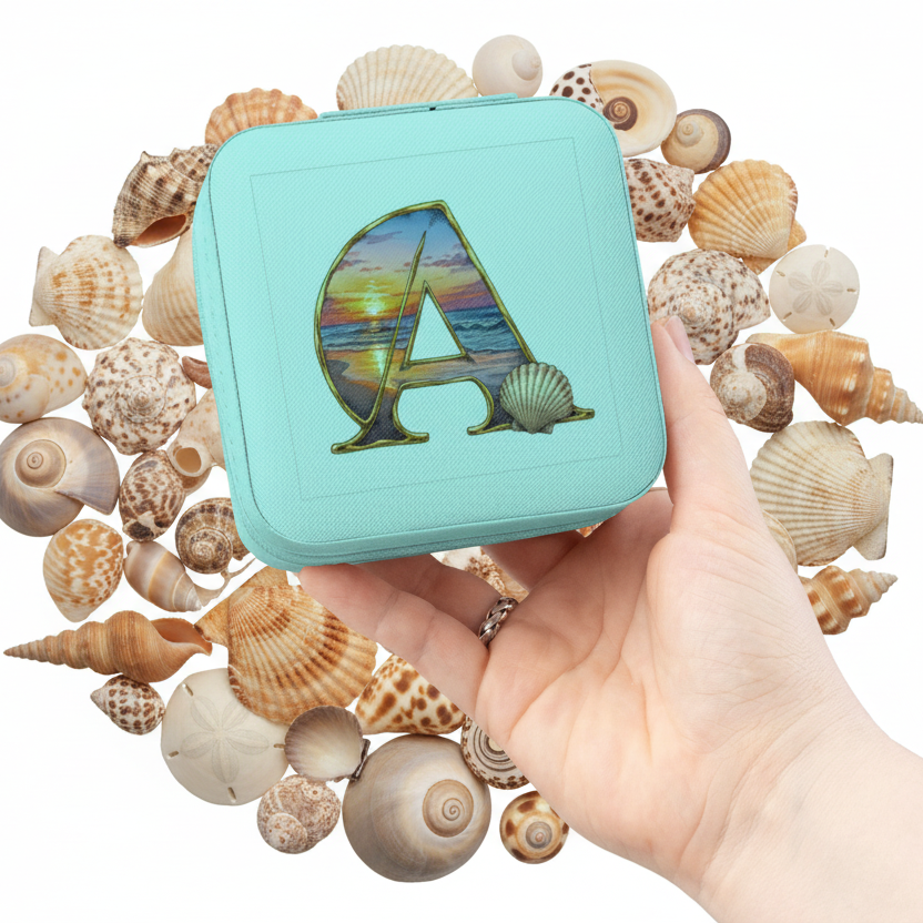 Jewelry Travel Case initial "A" being held by a hand against a background of shells and white