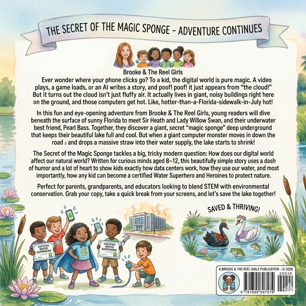 Back cover of a children's book titled 'The Secret of the Magic Sponge' with illustrations of children and nature.