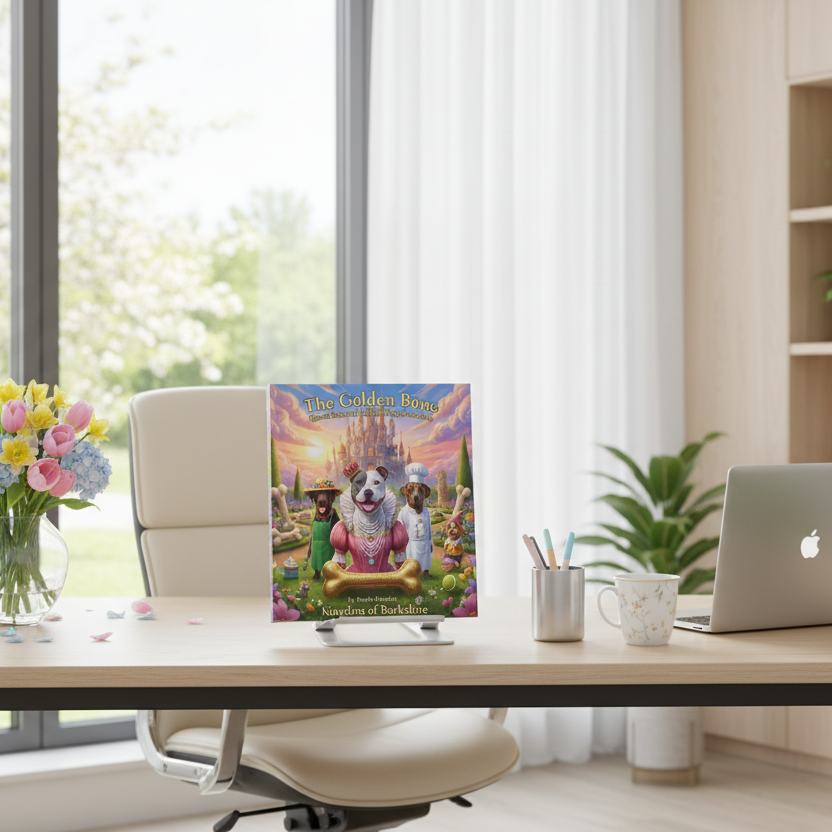 Modern home office with a desk, chair, and bookshelf decorated with books and plants with the children's book: The Golden Bone: Queen June and the Royal Dog Detectives by Brooke Flanders.