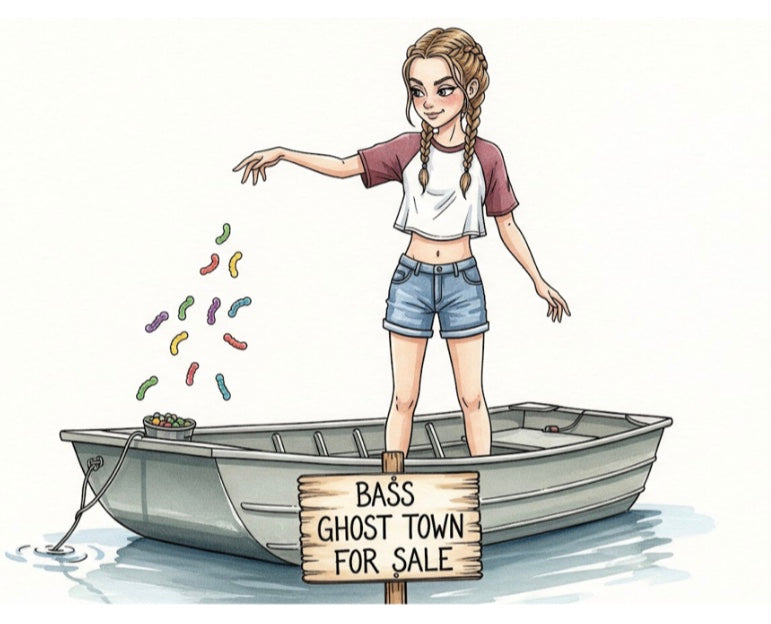 Cartoon girl on a boat with a 'Bass Ghost Town for Sale' sign