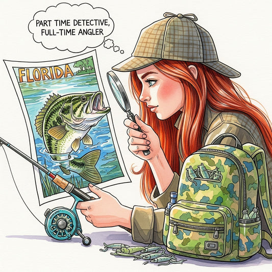 A red headed girl dressed for fishing in camo print with a magnifying glass examining a bass fishing flyer, holding a fishing rod with a thought bubble that says,"Part time detective, Full-time angler."