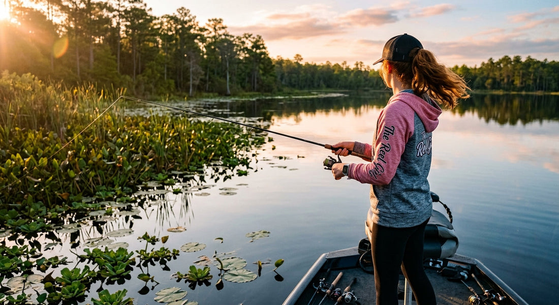 A teen female angler wearing a Reel Girls hoodie and cap casts a spinning rod from a boat into a calm, sunlit Florida lake lined with lily pads and cypress trees.