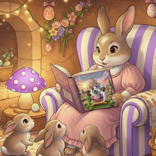 Mother bunny reading The Golden Bone Queen June and the Royal Dog Detectives by Brooke Flanders ISBN 9798233059476