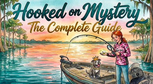A red headed girl fishing with Queen June on a lake at sunset, titled Hooked on Mystery The Complete Guide ISBN: 9798231590919