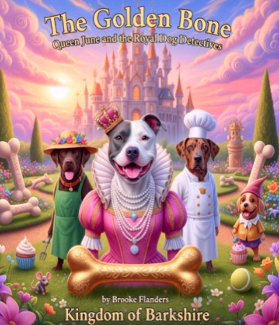 Portrait of Queen June wearing her royal detective sash, surrounded by palace investigation maps and case notes in the Kingdom of Barkshire