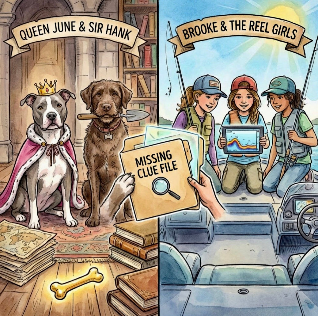 split images of Queen June & Sir Hank on one side and Brooke & The Reel Girls in their high tech boat