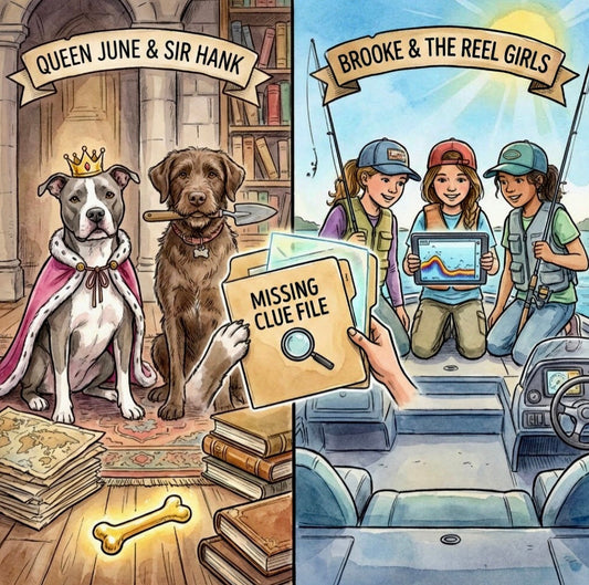split images of Queen June & Sir Hank on one side and Brooke & The Reel Girls in their high tech boat