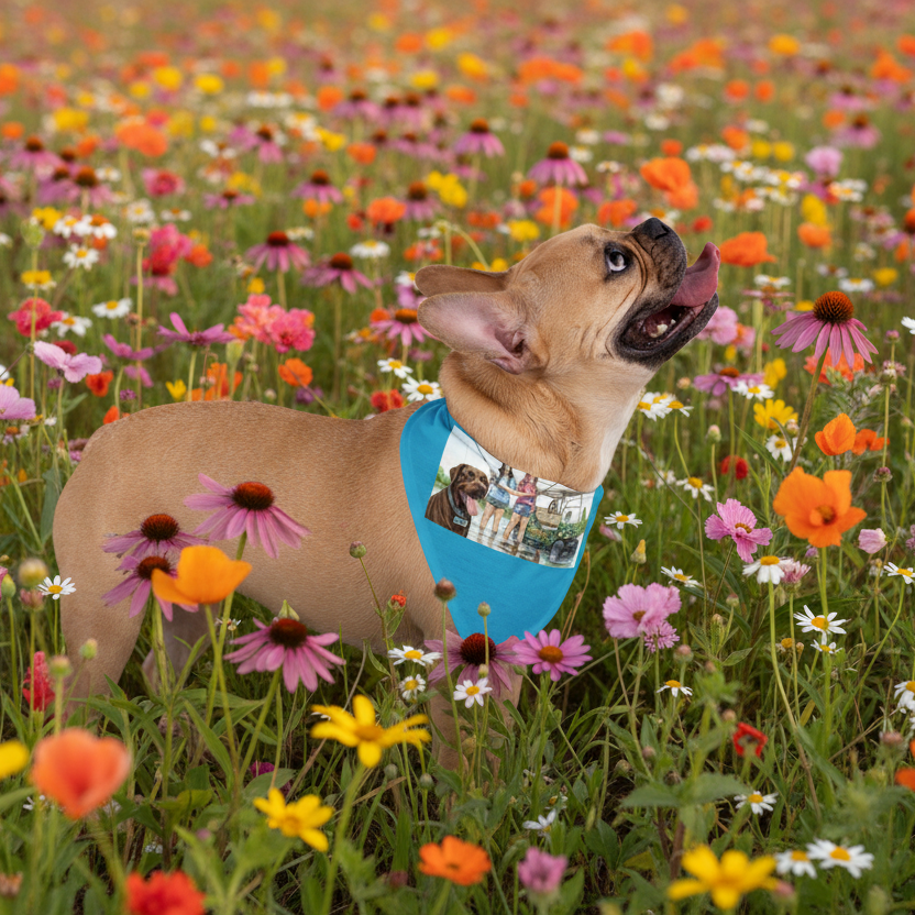 Dog wearing a bandana, standing in a field of colorful flowers.