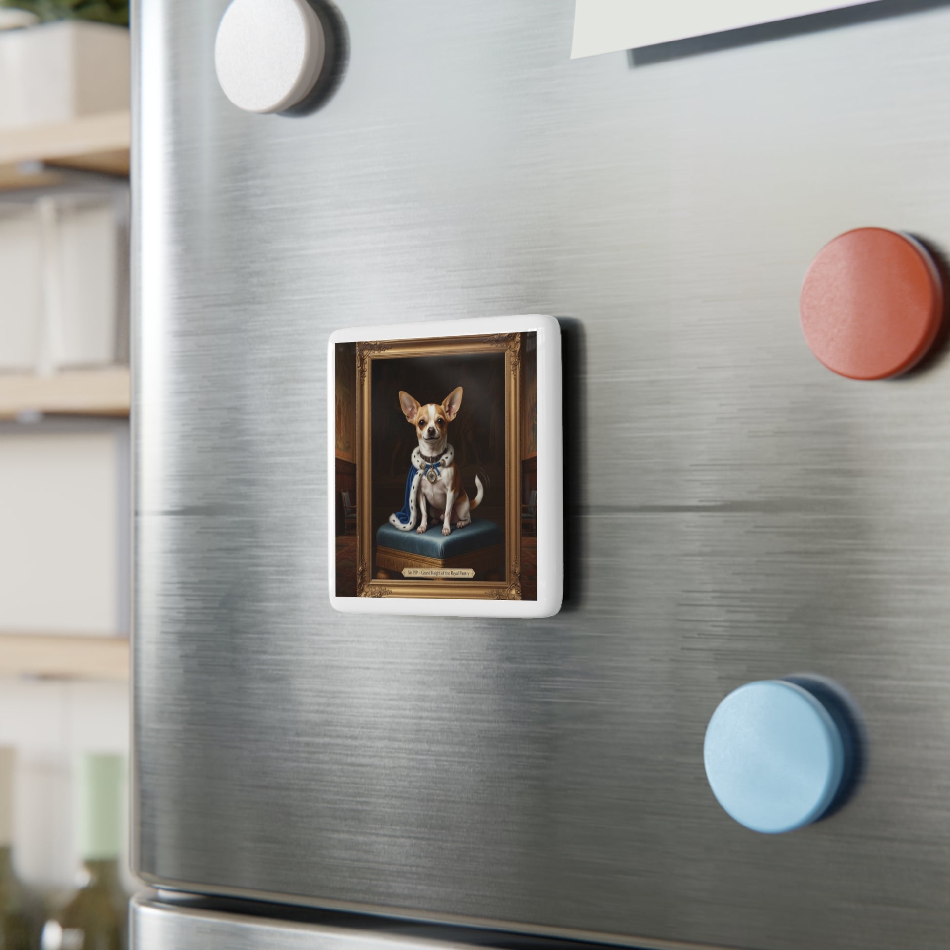 Sir Pip character on magnet on the silver refrigerator door