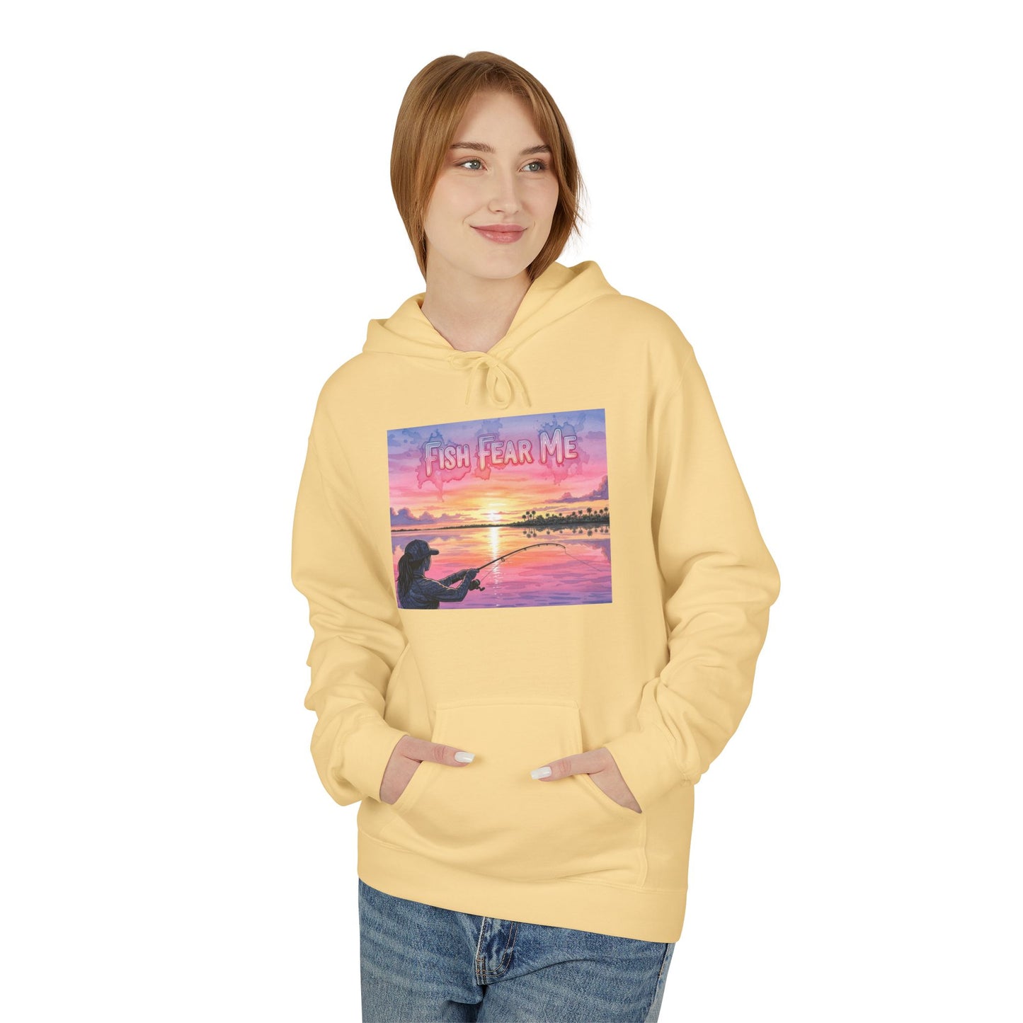 Person wearing a yellow hoodie with a graphic design on a white background