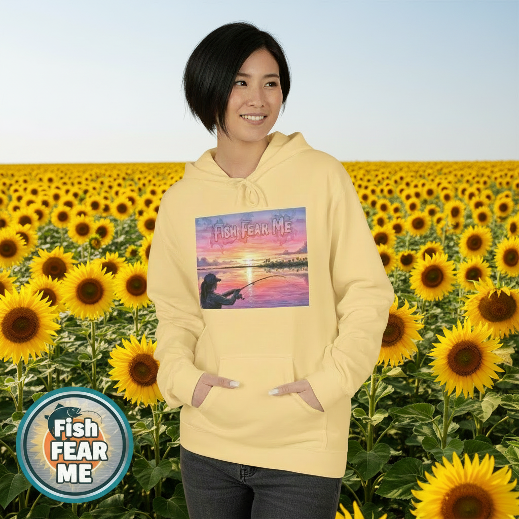 Person wearing a yellow hoodie with a graphic design in front of a sunflower field.
