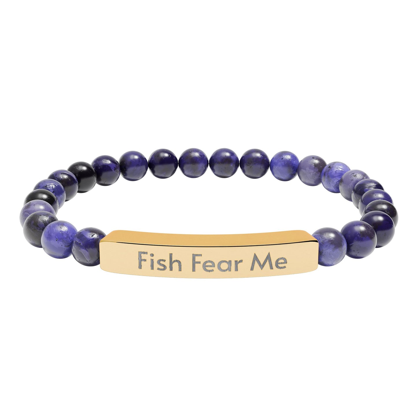 Bracelet with purple beads and gold tag reading 'Fish Fear Me' on a white background
