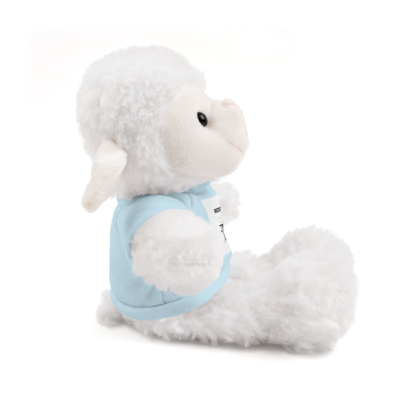 Plush toy worm with a light blue shirt on a white background