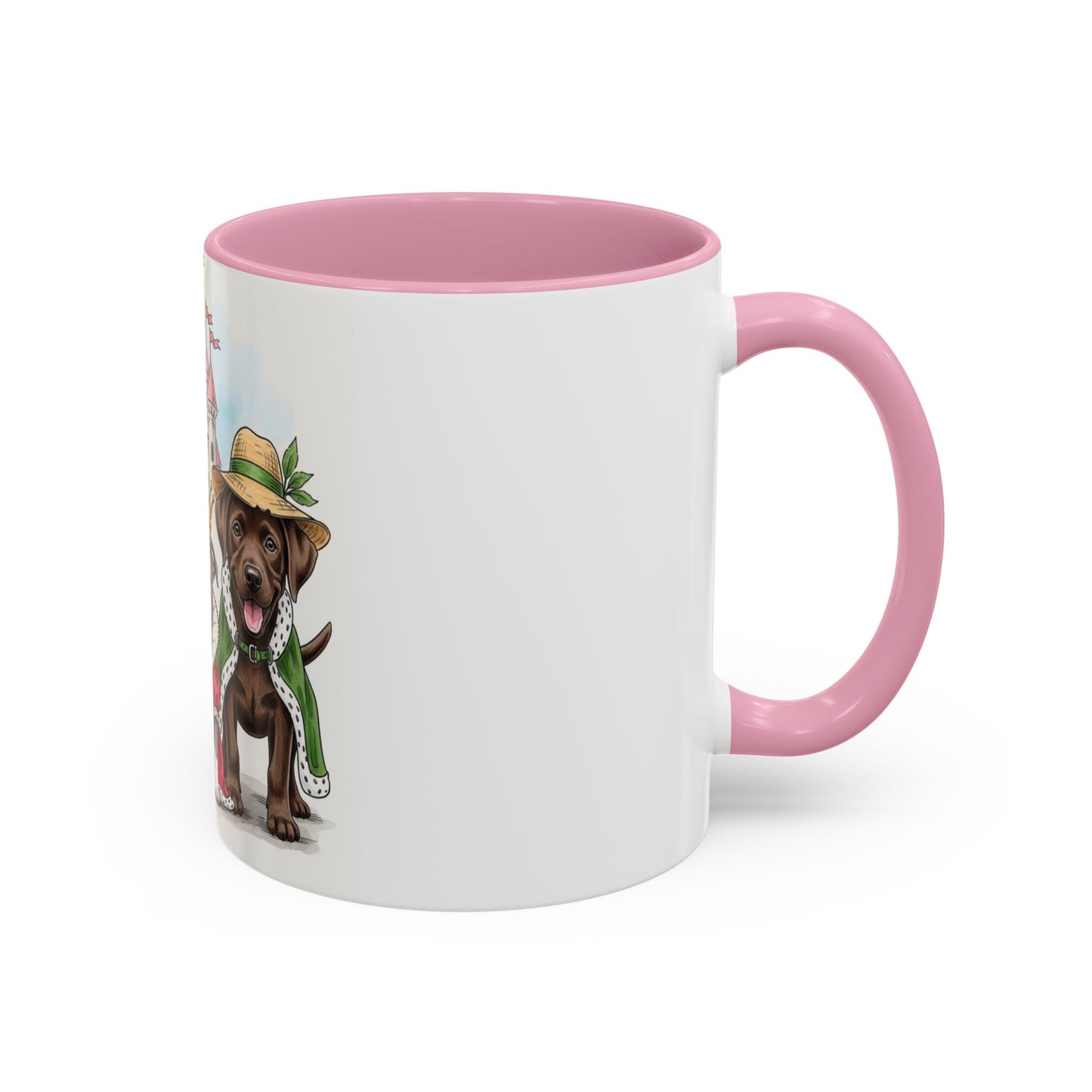 White mug with pink interior and handle featuring a dog illustration on a white background