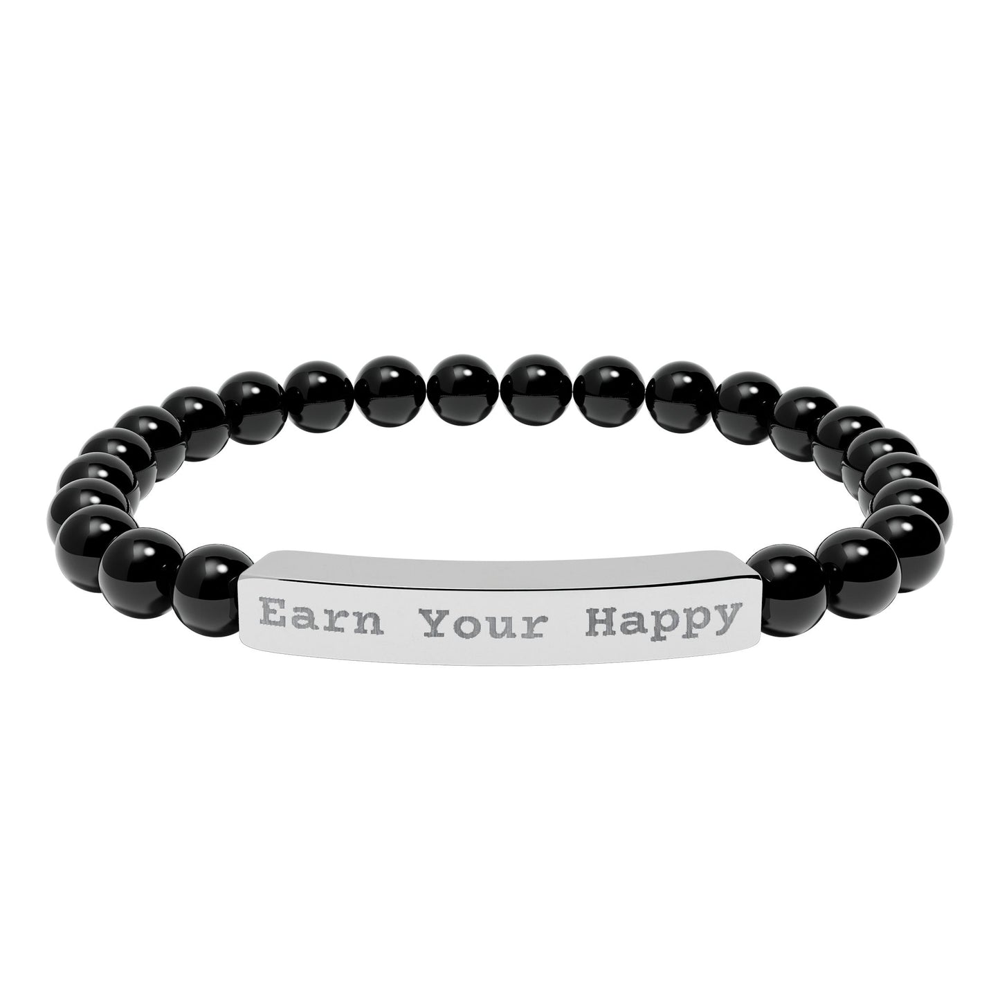 Natural Stone stretch bracelet with a silver bar engraved "Earn Your Happy"on a white background.