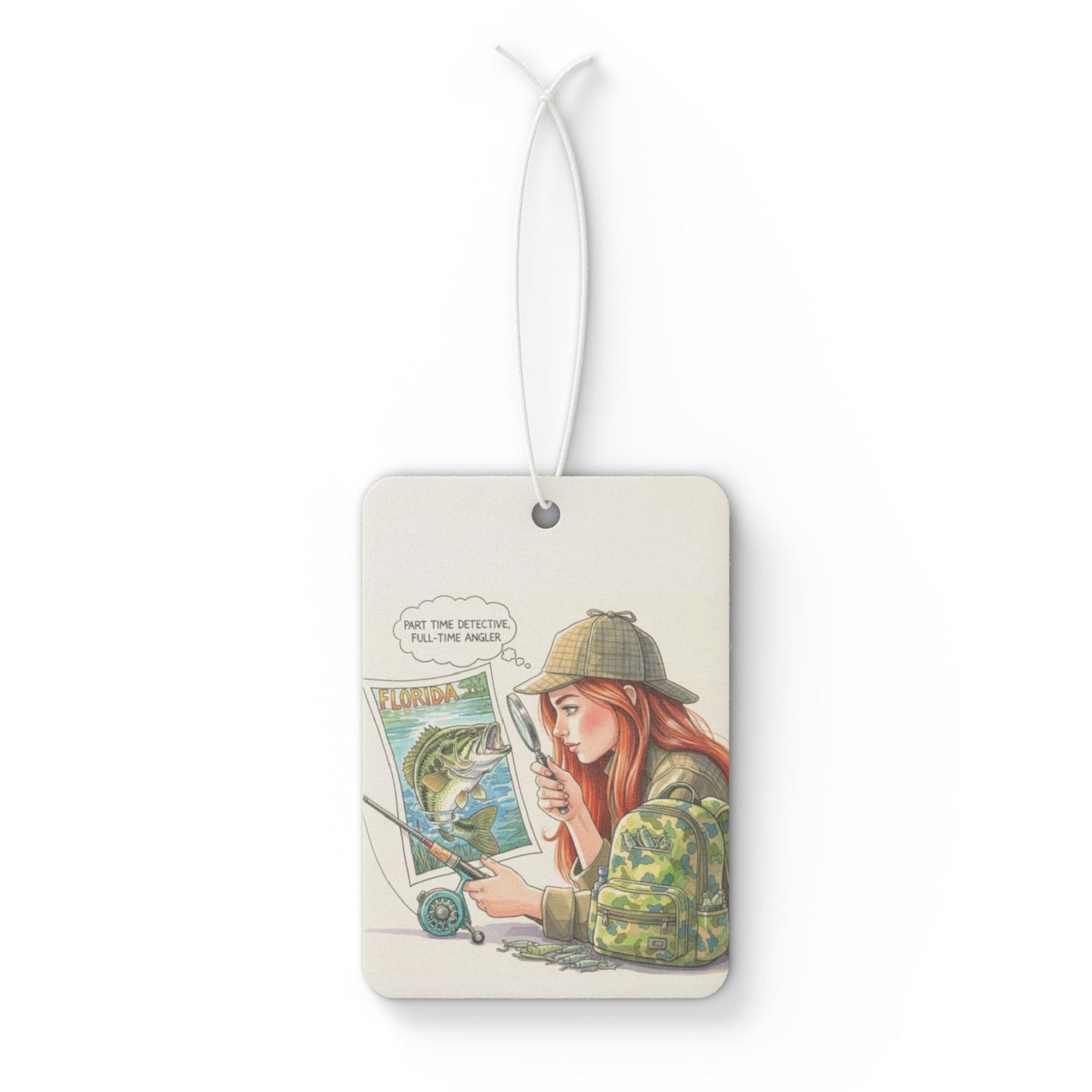 Decorative tair freshener ag with illustration of a person in a detective hat reading a map on a white background